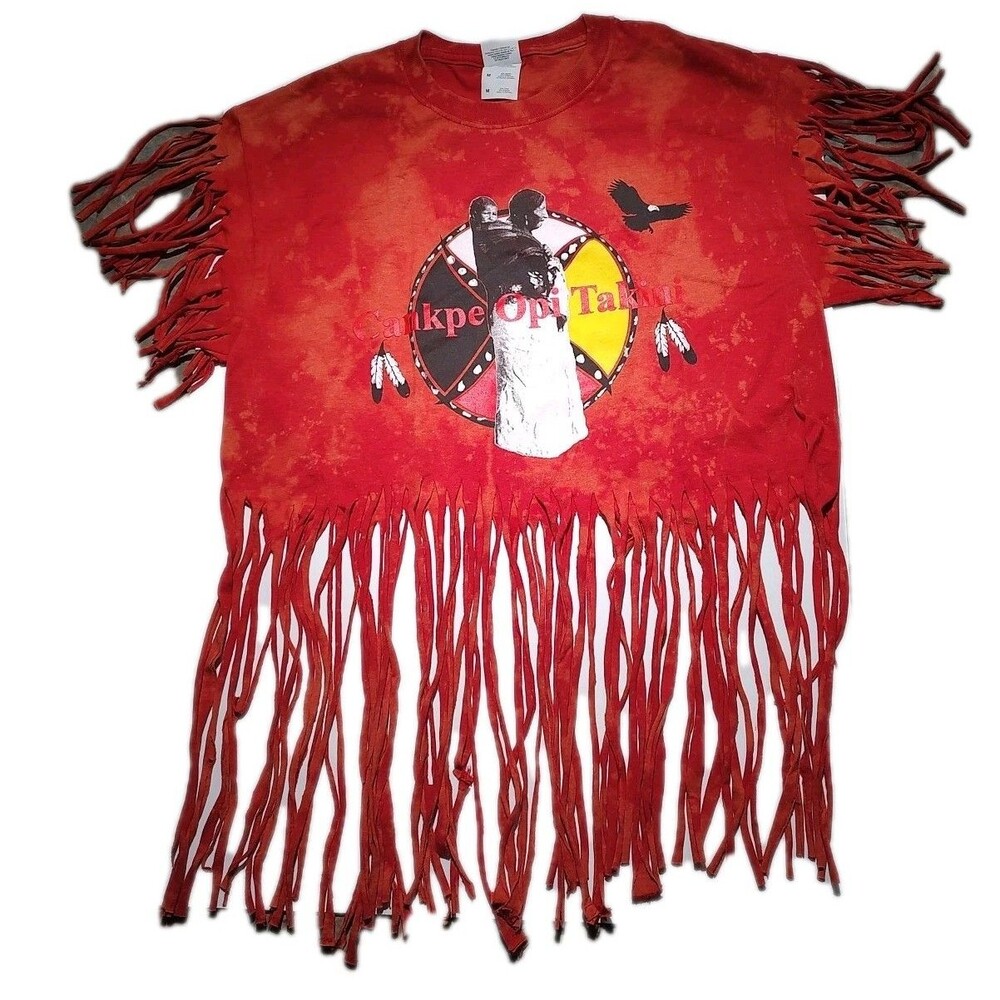 Cankpe Opi Takini Fringed Native Indian Tshirt Red Bleached tee Med Custom